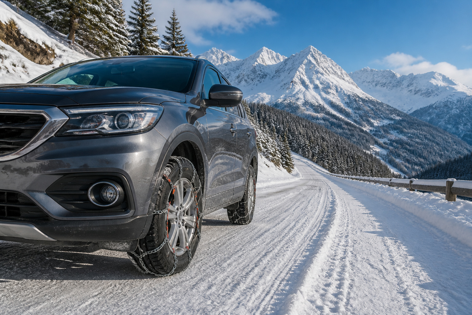 Voiture preparee pour la montagne enneigee